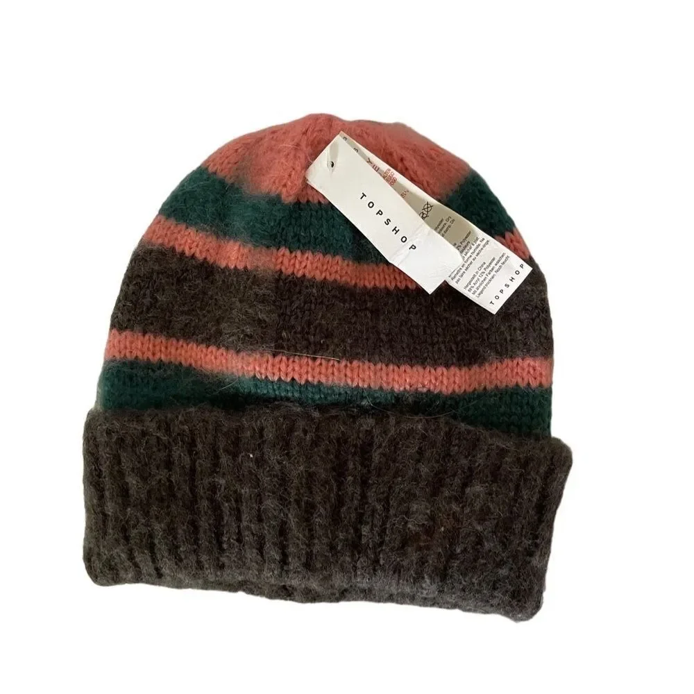 NWT Topshop fuzzy brushed stripe‎ beanie hat NEW 390